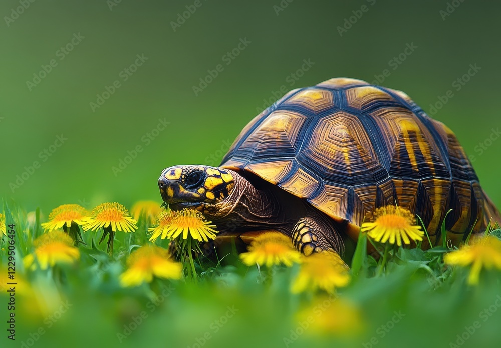 Poster exotic tortoise crawling through vibrant yellow dandelions in lush green grass under soft natural li
