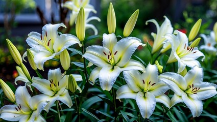 Fototapeta premium Elegant white lilies blooming in garden gracefully