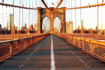 Suspension Bridge Spans City Skyline with Wooden Walkway at Sunrise Dramatically