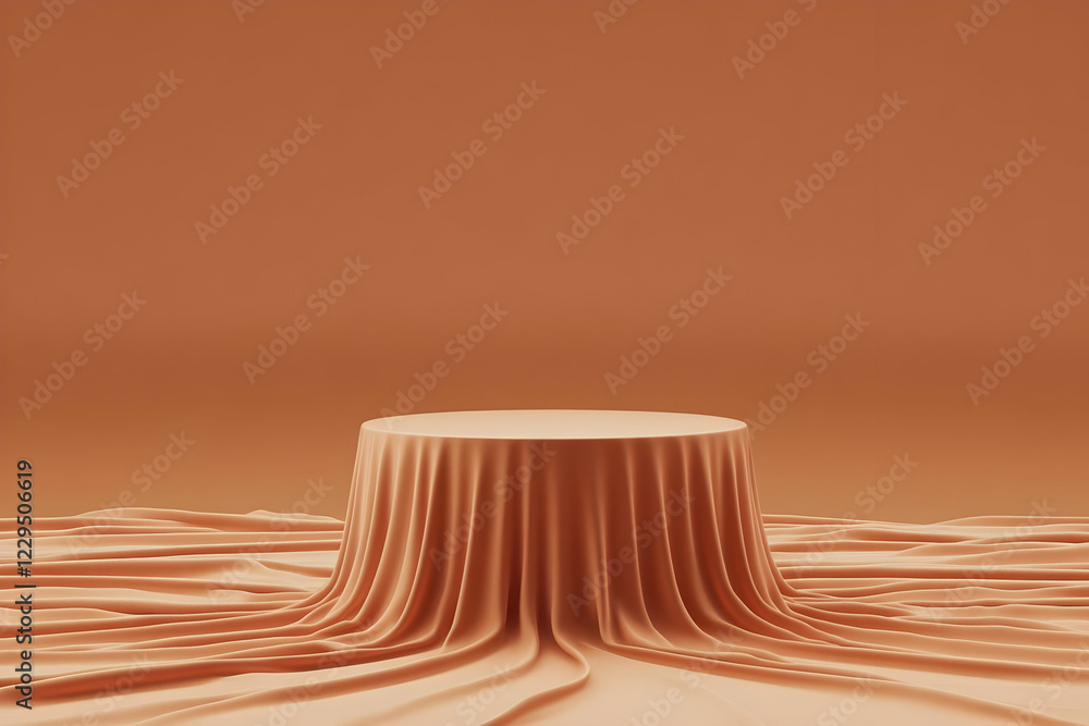 Poster round podium covered with flowing fabric creates elegant and minimalist display on orange background
