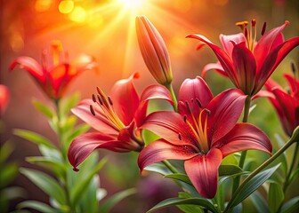 Red lily blooms, lunar new year's minimalist elegance: love, purity, rebirth.