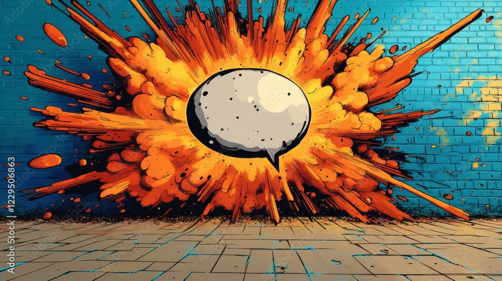 Poster bright popart explosion centered around a large speech bubble with dynamic rays and jagged lines giv