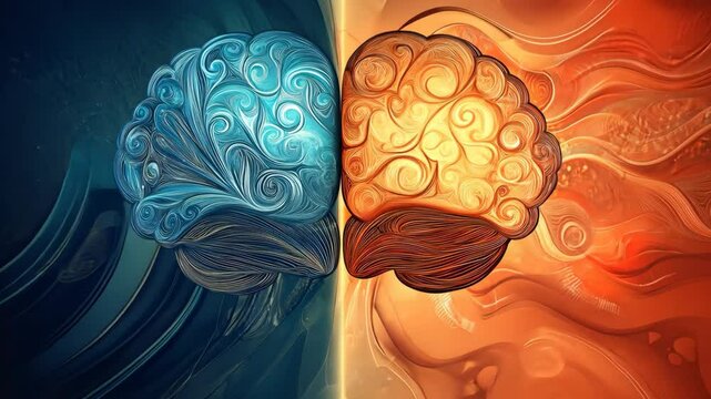 Artistic representation of contrasting thoughts in blue and orange brain designs against a split background