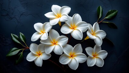 Fototapeta premium Elegant white plumeria flowers against dark background