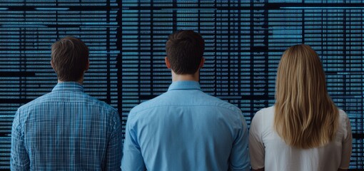 Data analysis session corporate office digital display high-tech environment back view business intelligence trends