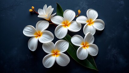 Fototapeta premium Elegant white plumeria flowers against dark background