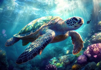 Fototapeta premium Graceful Green Sea Turtle Swimming Through Vibrant Coral Reef Underwater in Clear Blue Ocean Capturing Marine Life in Natural Habitat