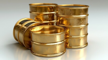 Gold barrels stacked and tipped on reflective studio background
