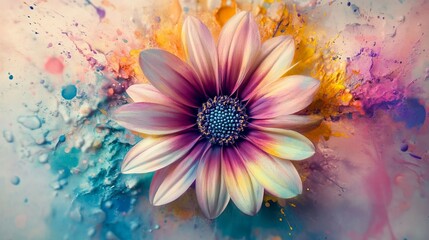 Obraz premium A colorful flower with a blue center and pink petals. The flower is surrounded by splatters of paint, giving it a vibrant and artistic appearance