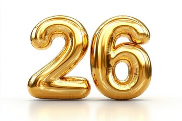 Gold foil balloon number 26 on white background (1)