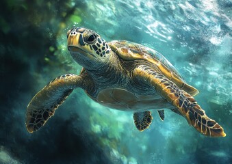 Fototapeta premium Graceful Sea Turtle Gliding Through Crystal Clear Water in a Vibrant Underwater Scene with Sunlight Filtering Through the Ocean Surface