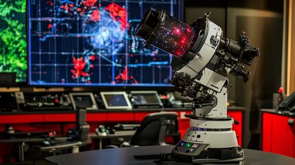 Robotic telescope analyzes cosmic data; control room background; science research