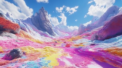A mountain range with a pink and yellow valley in between. The valley is filled with colorful flowers
