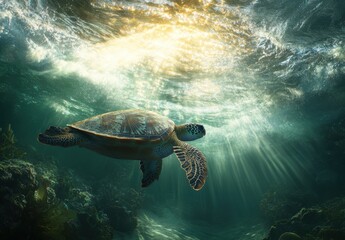 Obraz premium Graceful Sea Turtle Gliding Through Sunlit Waters Beneath the Surface, Surrounded by Vibrant Coral and Bubbles in a Serene Ocean Environment