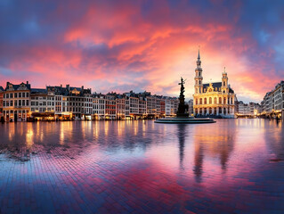 Fototapeta premium City Square Reflects Vibrant Sunset After Rain, Creating a Colorful Urban Scene at Dusk
