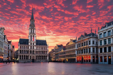 Grand Place Square lights up under a dramatic red and pink sunset sky in Brussels, Belgium