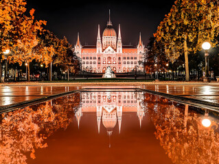 Obraz premium Grand Building Reflects in Water at Night with Autumn Trees and Lights Illuminating the Scene