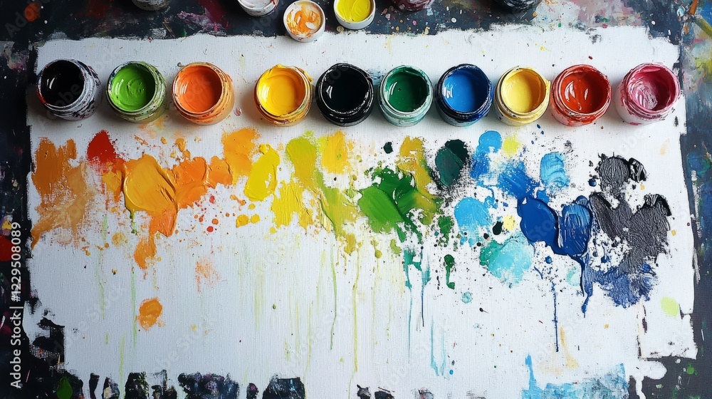 Poster a vivid display of colorful paint pots and splashes on canvas, showcasing artistic creativity and vi