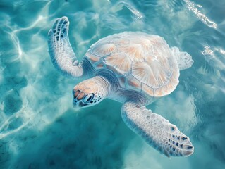 Obraz premium Graceful Sea Turtle Swimming in Crystal Clear Ocean Water Surrounded by Soft Sunlight Glimmering on the Surface