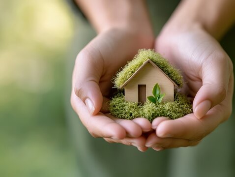 Hands holding a mini green house model.