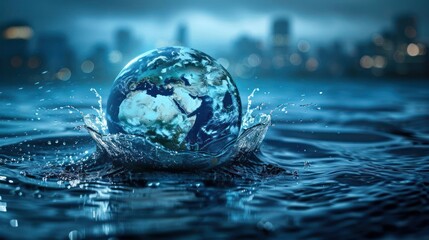 A vibrant globe splashes into water, symbolizing environmental awareness amidst a city skyline