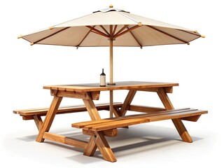 Rustic wooden picnic table, complete with shade umbrella, isolated on white, showcasing high depth of field.