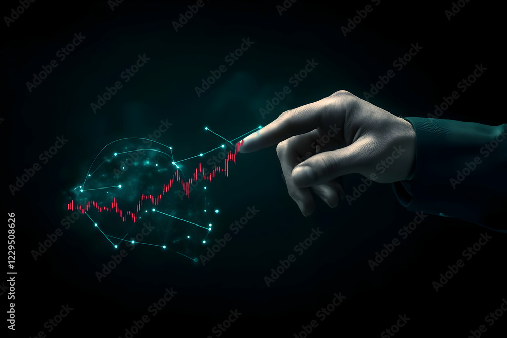Poster hand touches rising graph in futuristic network interface