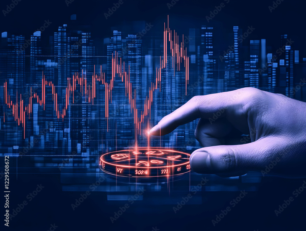 Poster Hand Points at Digital Coin with Rising Chart Data in Futuristic Cityscape Background