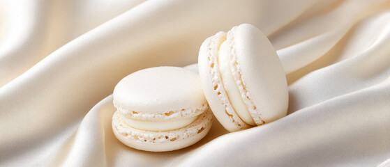 Delicate vanilla macarons resting on luxurious silk fabric, showcasing their smooth texture and elegant appearance. Perfect for dessert lovers and special occasions