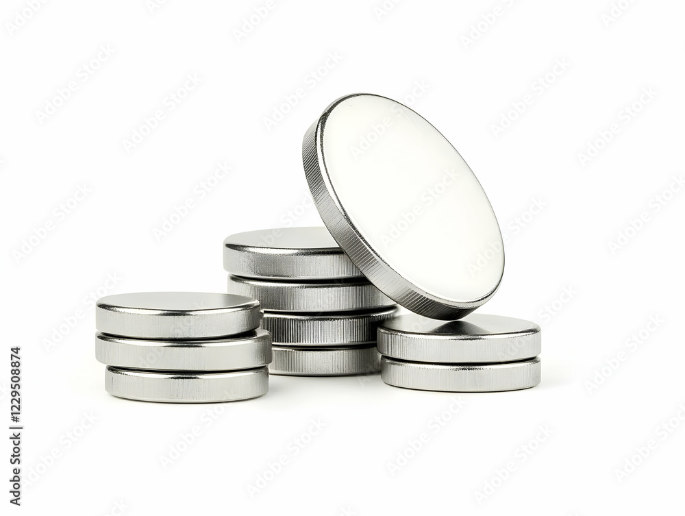 Poster several round, metallic objects stacked and leaning on a plain white background, creating a simple y