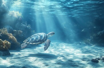 Obraz premium Graceful Sea Turtle Swimming Through Sunlit Blue Ocean Waters With Stunning Coral Reef Underwater Scene
