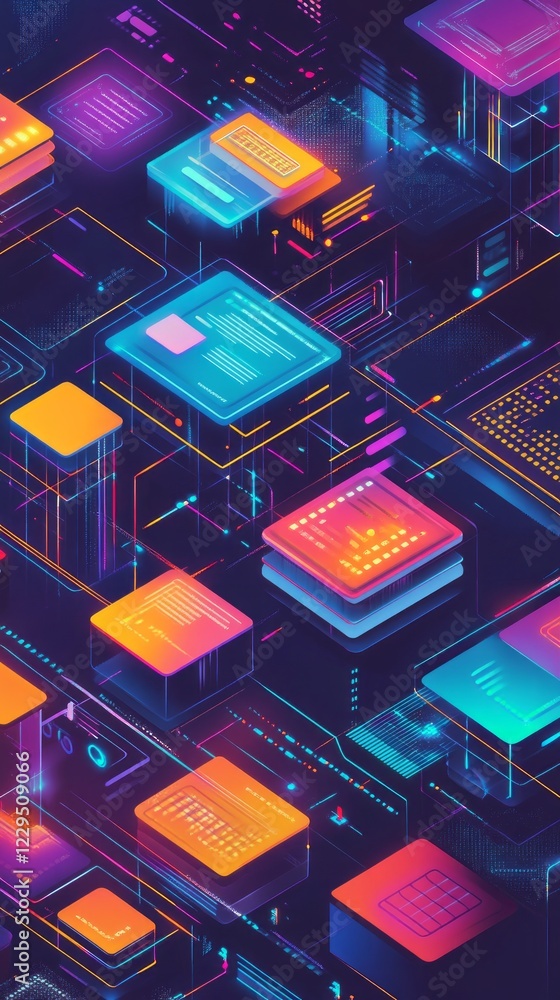 Poster a vibrant digital illustration of neon data blocks in a futuristic cyber network, showcasing abstrac