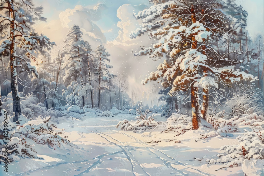 Poster snow covered path winding through a tranquil winter forest, bathed in the soft glow of sunlight filt