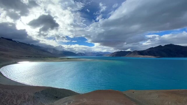 Beautiful landscape with mountains at Pangong Tso, or Pangong Lake, near Man village, situated on the border with India and China, Leh, Ladakh, India. one of the world's highest brackish water lakes.