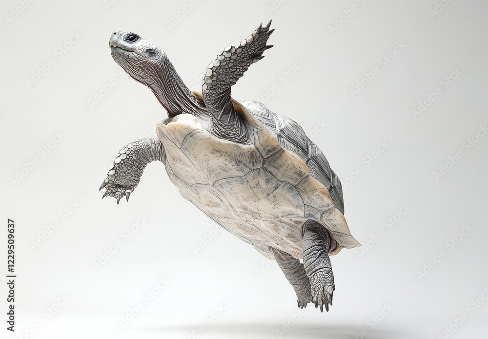 Poster graceful tortoise in midair against soft white background showing unique features and texture of she