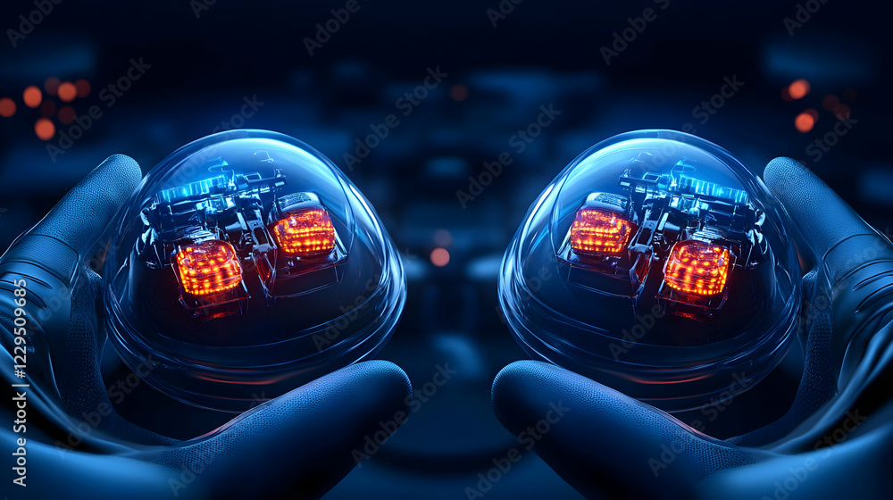Aufkleber gloved hands hold glowing technological orbs in a futuristic lab setting with dark background