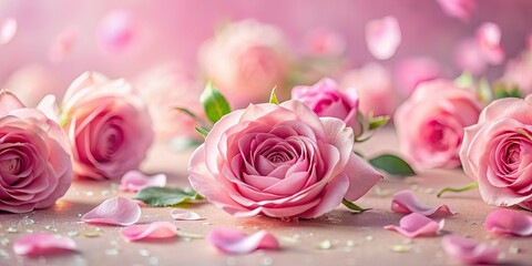 Fototapeta premium Tilt-Shift Pink Roses & Petals on Pink Background AI Photo