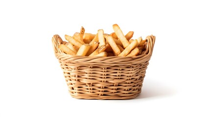 A wicker basket overflowing with golden-brown french fries.