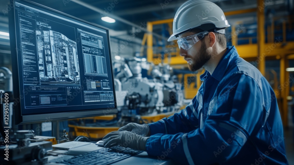 Aufkleber engineer analyzing data on computer in manufacturing facility