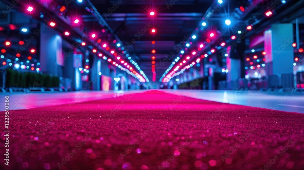 Poster vibrant illuminated corridor with a red carpet leading towards a colorful event space
