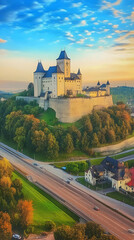 Obraz premium Majestic castle stands on a hill overlooking a highway and modern houses at sunset.