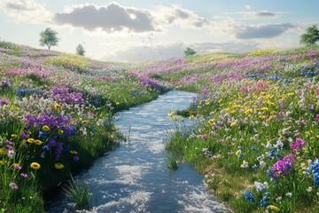 Obraz premium Serene Stream in a Colorful Wildflower Meadow