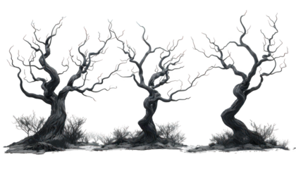 three majestic leafless trees isolated on transparent background
