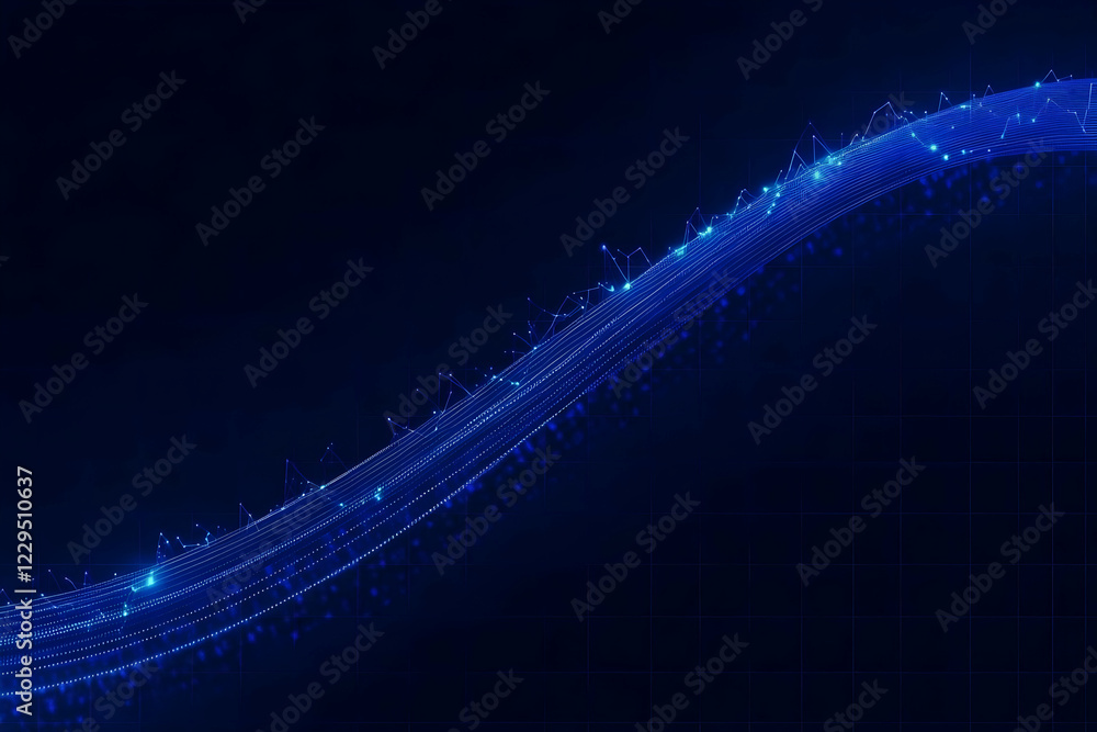 Poster abstract blue wavy lines flow across a dark grid background with glowing points.