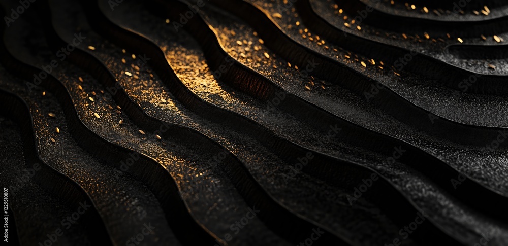 Poster dark elegance: abstract texture of undulating dark surface with golden highlights, creating a luxuri