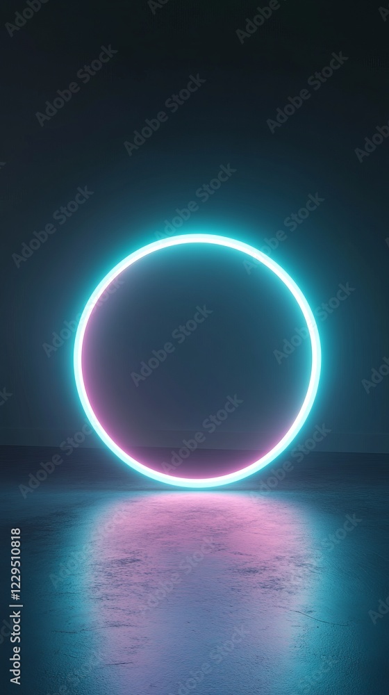 Poster neon circle light installation in dark room with reflective floor creating futuristic and minimalist