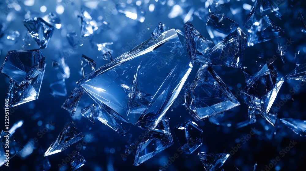 Poster chaotic spread of blue glasslike shards across a dark blue background forming a dynamic abstract pat
