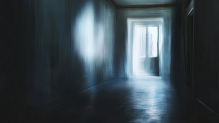 A dark, mysterious hallway with soft light streaming through an open door, creating an eerie and atmospheric scene.
