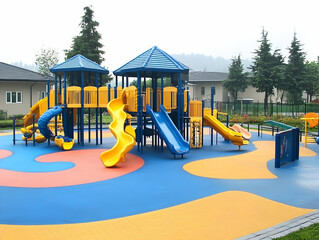 Colorful Playground Equipment Stands Ready for Fun on a Cloudy Day