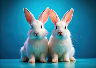 Fototapeta premium Twin Rabbits, Documentary Photography, AI Art, Blue Background